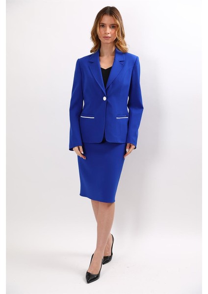 Erkek Yaka Konbinli Tek Düğme Ceket & Düz Dar Etek-Saks modelleri