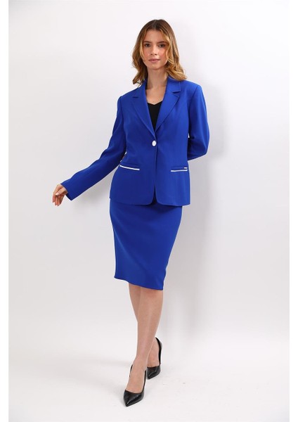 Erkek Yaka Konbinli Tek Düğme Ceket & Düz Dar Etek-Saks indirimleri