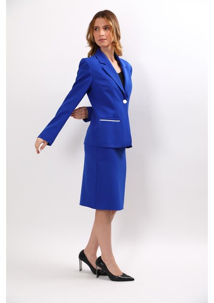 Erkek Yaka Konbinli Tek Düğme Ceket & Düz Dar Etek-Saks