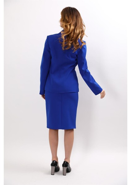 Erkek Yaka Konbinli Tek Düğme Ceket & Düz Dar Etek-Saks