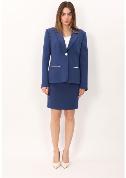 Erkek Yaka Konbinli Tek Düğme Ceket & Yırtmaçlı Düz Dar Etek-Indigo modelleri