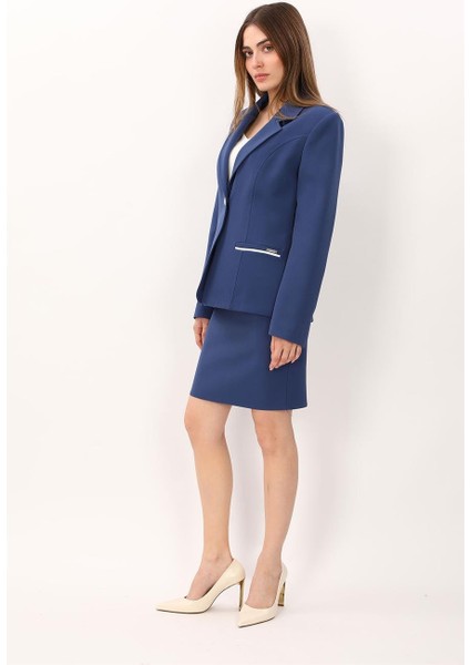 Erkek Yaka Konbinli Tek Düğme Ceket & Yırtmaçlı Düz Dar Etek-Indigo fırsatları