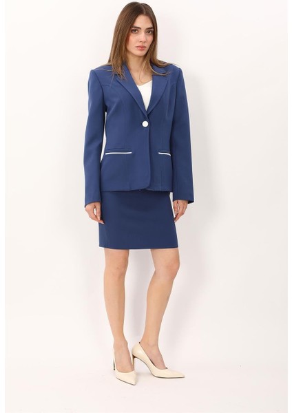 Erkek Yaka Konbinli Tek Düğme Ceket & Yırtmaçlı Düz Dar Etek-Indigo indirimleri