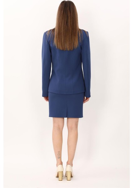 Erkek Yaka Konbinli Tek Düğme Ceket & Yırtmaçlı Düz Dar Etek-Indigo