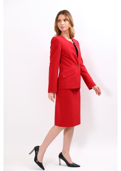 Sıfır Yaka Ön Robalı Ceket & Düz Dar Etek-Kırmızı fiyatları