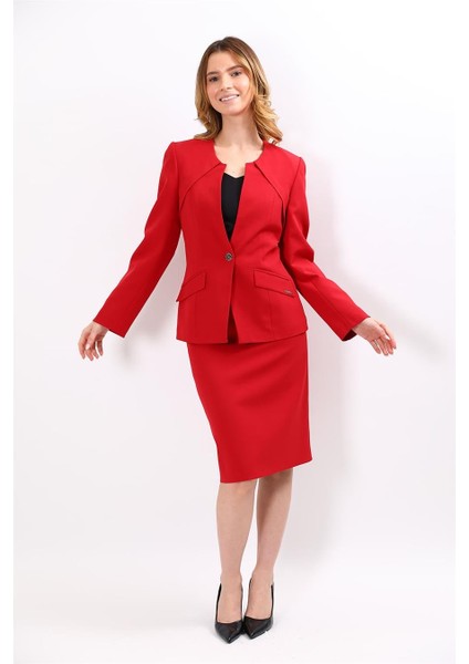 Sıfır Yaka Ön Robalı Ceket & Düz Dar Etek-Kırmızı fırsatları