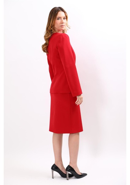 Sıfır Yaka Ön Robalı Ceket & Düz Dar Etek-Kırmızı