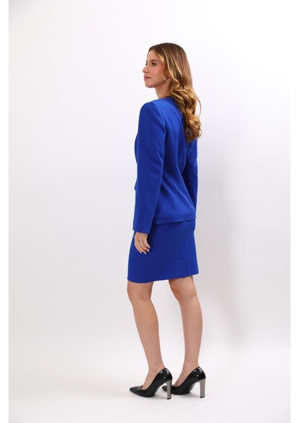 Sıfır Yaka Ön Robalı Ceket & Yırtmaçlı Düz Dar Etek-Saks indirimleri