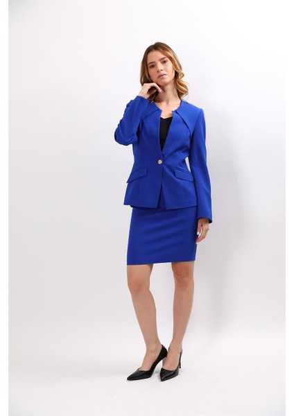 Sıfır Yaka Ön Robalı Ceket & Yırtmaçlı Düz Dar Etek-Saks