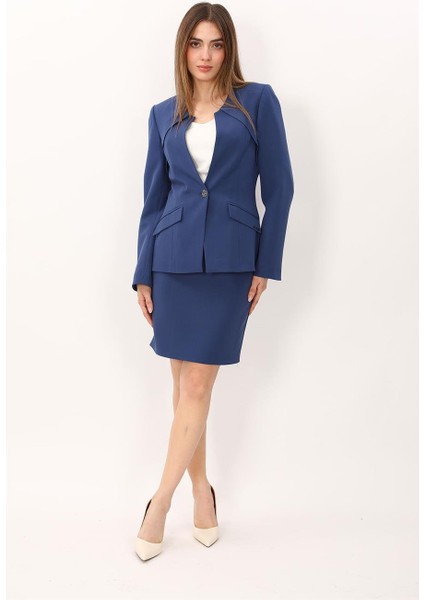 Sıfır Yaka Ön Robalı Ceket & Yırtmaçlı Düz Dar Etek-Indigo