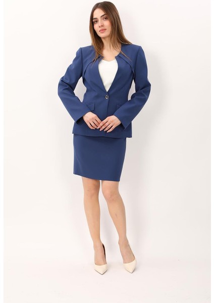 Sıfır Yaka Ön Robalı Ceket & Yırtmaçlı Düz Dar Etek-Indigo fiyatları