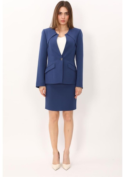 Sıfır Yaka Ön Robalı Ceket & Yırtmaçlı Düz Dar Etek-Indigo modelleri