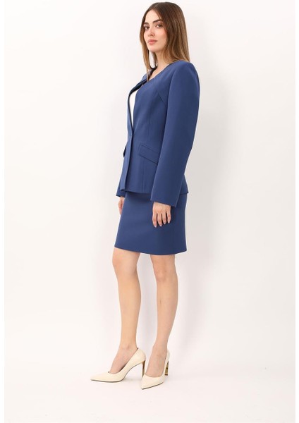 Sıfır Yaka Ön Robalı Ceket & Yırtmaçlı Düz Dar Etek-Indigo fırsatları