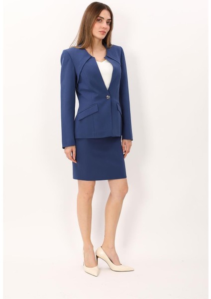 Sıfır Yaka Ön Robalı Ceket & Yırtmaçlı Düz Dar Etek-Indigo indirimleri