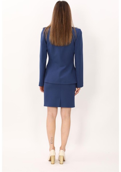 Sıfır Yaka Ön Robalı Ceket & Yırtmaçlı Düz Dar Etek-Indigo