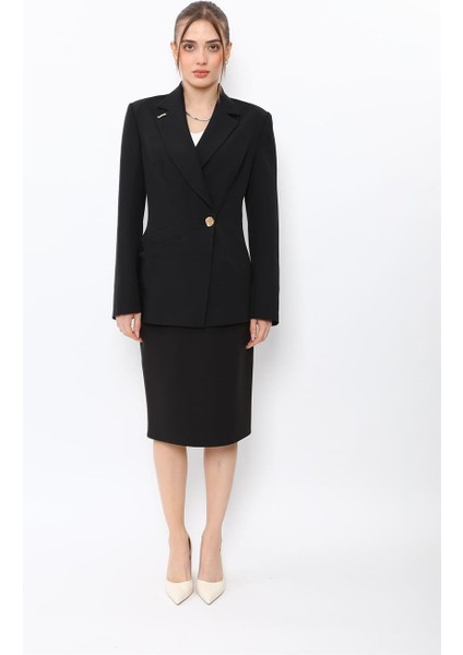 Erkek Yaka Asimetrik Ceket & Düz Dar Etek-Siyah