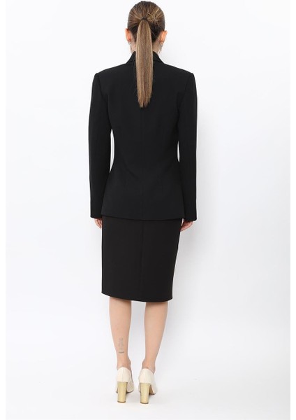 Erkek Yaka Asimetrik Ceket & Düz Dar Etek-Siyah fiyatları