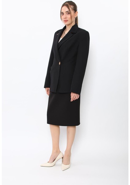 Erkek Yaka Asimetrik Ceket & Düz Dar Etek-Siyah modelleri