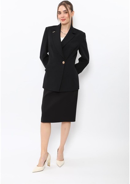 Erkek Yaka Asimetrik Ceket & Düz Dar Etek-Siyah fırsatları