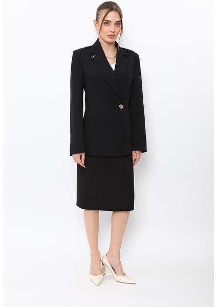 Erkek Yaka Asimetrik Ceket & Düz Dar Etek-Siyah indirimleri