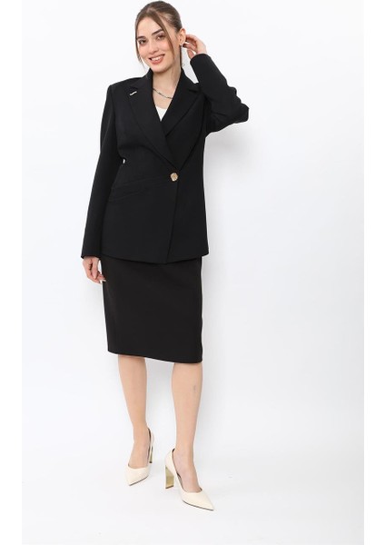 Erkek Yaka Asimetrik Ceket & Düz Dar Etek-Siyah