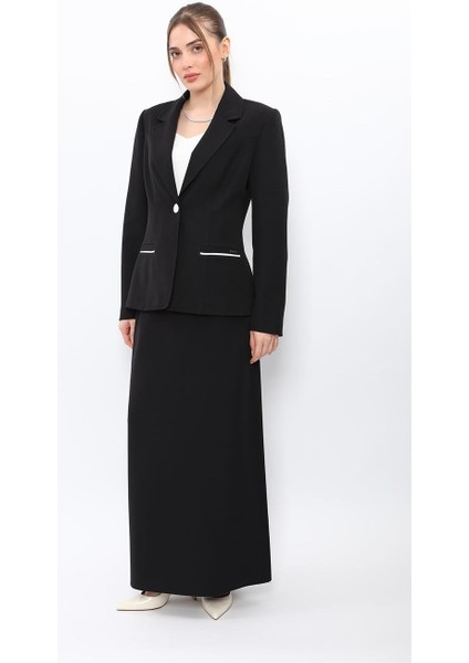 Erkek Yaka Konbinli Tek Düğme Ceket & Uzun Düz Dar Etek-Siyah