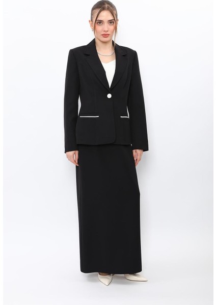 Erkek Yaka Konbinli Tek Düğme Ceket & Uzun Düz Dar Etek-Siyah fiyatları