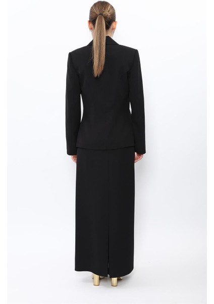 Erkek Yaka Konbinli Tek Düğme Ceket & Uzun Düz Dar Etek-Siyah modelleri