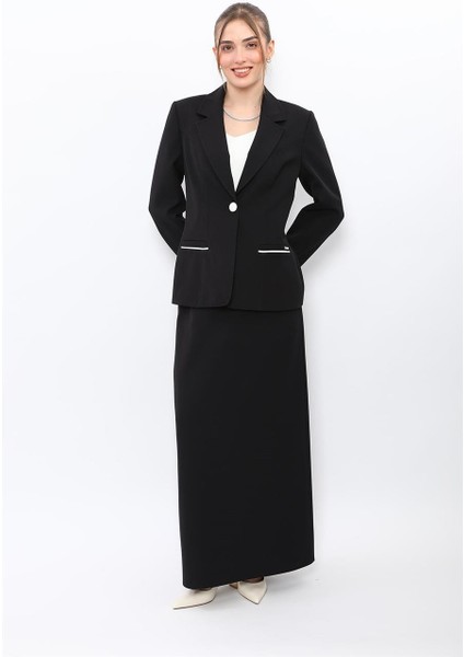 Erkek Yaka Konbinli Tek Düğme Ceket & Uzun Düz Dar Etek-Siyah fırsatları