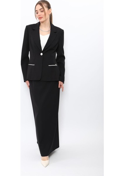 Erkek Yaka Konbinli Tek Düğme Ceket & Uzun Düz Dar Etek-Siyah indirimleri