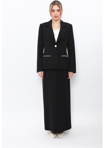 Erkek Yaka Konbinli Tek Düğme Ceket & Uzun Düz Dar Etek-Siyah