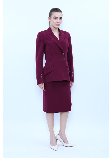 Erkek Yaka Kol Yırtmaçlı Ceket & Düz Dar Etek-Mürdüm