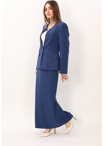 Sıfır Yaka Ön Robalı Ceket & Uzun Düz Dar Etek-Indigo