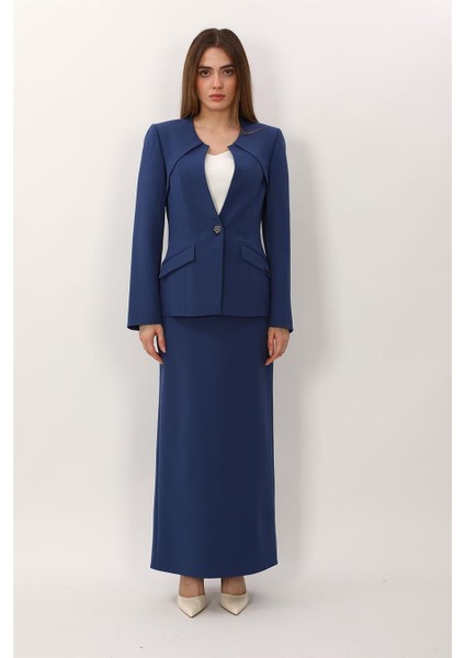 Sıfır Yaka Ön Robalı Ceket & Uzun Düz Dar Etek-Indigo fiyatları