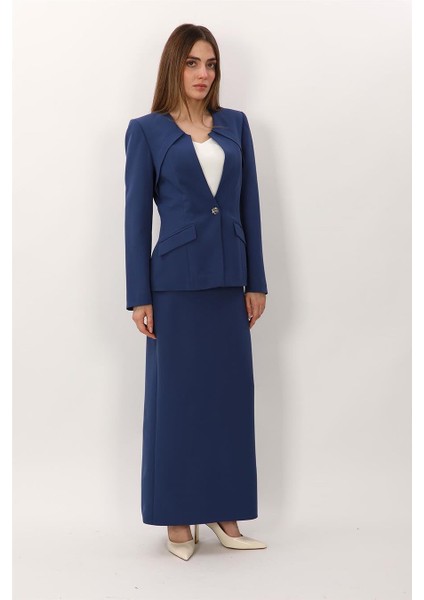 Sıfır Yaka Ön Robalı Ceket & Uzun Düz Dar Etek-Indigo fırsatları