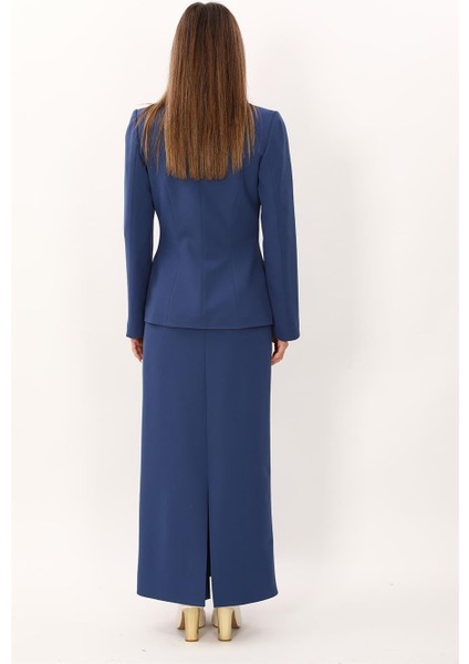 Sıfır Yaka Ön Robalı Ceket & Uzun Düz Dar Etek-Indigo indirimleri