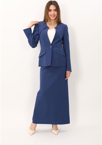 Sıfır Yaka Ön Robalı Ceket & Uzun Düz Dar Etek-Indigo
