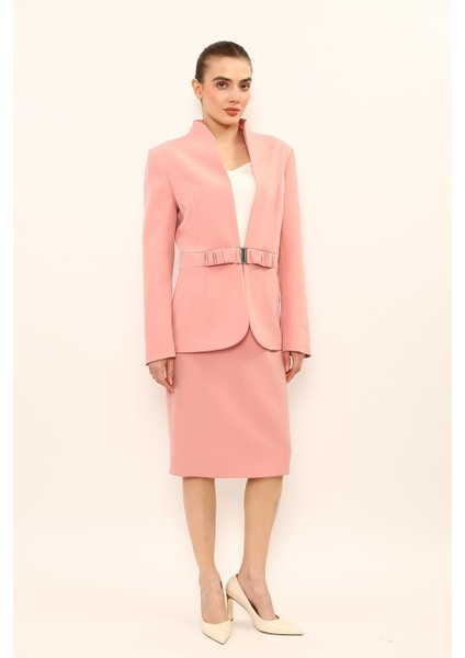 Dik Yaka Tokalı Ceket & Düz Dar Etek-Pudra fırsatları