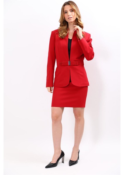 Dik Yaka Tokalı Ceket & Yırtmaçlı Düz Dar Etek-Kırmızı modelleri