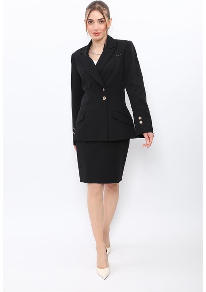 Erkek Yaka Kol Yırtmaçlı Ceket & Yırtmaçlı Düz Dar Etek-Siyah