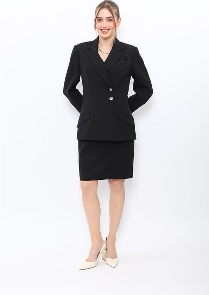 Erkek Yaka Kol Yırtmaçlı Ceket & Yırtmaçlı Düz Dar Etek-Siyah