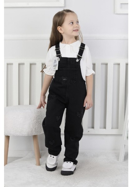 Kız Çocuk Pamuk Denim Slopet Askılı Kot Tulum Siyah