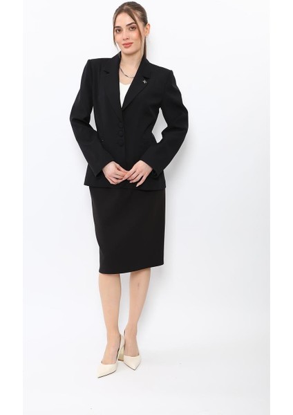 Erkek Yaka Boydan Kuplu Ceket & Düz Dar Etek-Siyah
