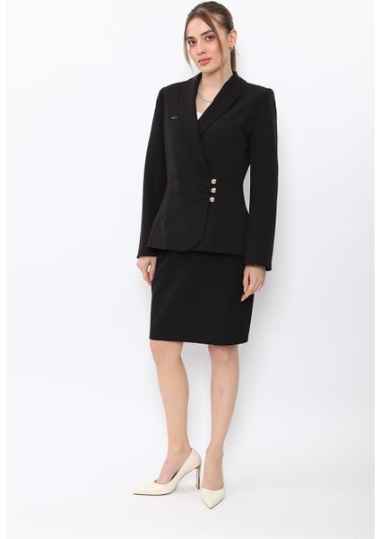 Şal Yaka Modelli Ceket & Yırtmaçlı Düz Dar Etek-Siyah fiyatları