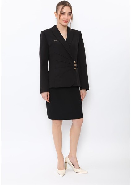 Şal Yaka Modelli Ceket & Yırtmaçlı Düz Dar Etek-Siyah modelleri