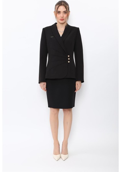 Şal Yaka Modelli Ceket & Yırtmaçlı Düz Dar Etek-Siyah fırsatları