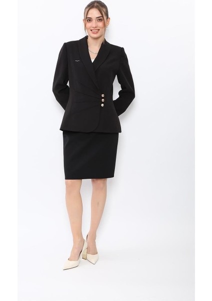 Şal Yaka Modelli Ceket & Yırtmaçlı Düz Dar Etek-Siyah