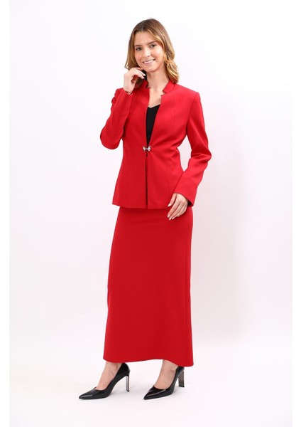Hakim Yaka Tek Agraflı Düz Ceket & Uzun Düz Dar Etek-Kırmızı