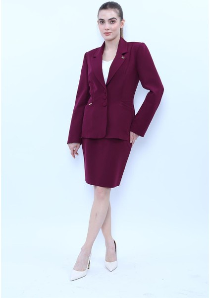 Erkek Yaka Boydan Kuplu Ceket & Yırtmaçlı Düz Dar Etek-Mürdüm