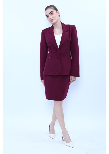 Erkek Yaka Boydan Kuplu Ceket & Yırtmaçlı Düz Dar Etek-Mürdüm fiyatları